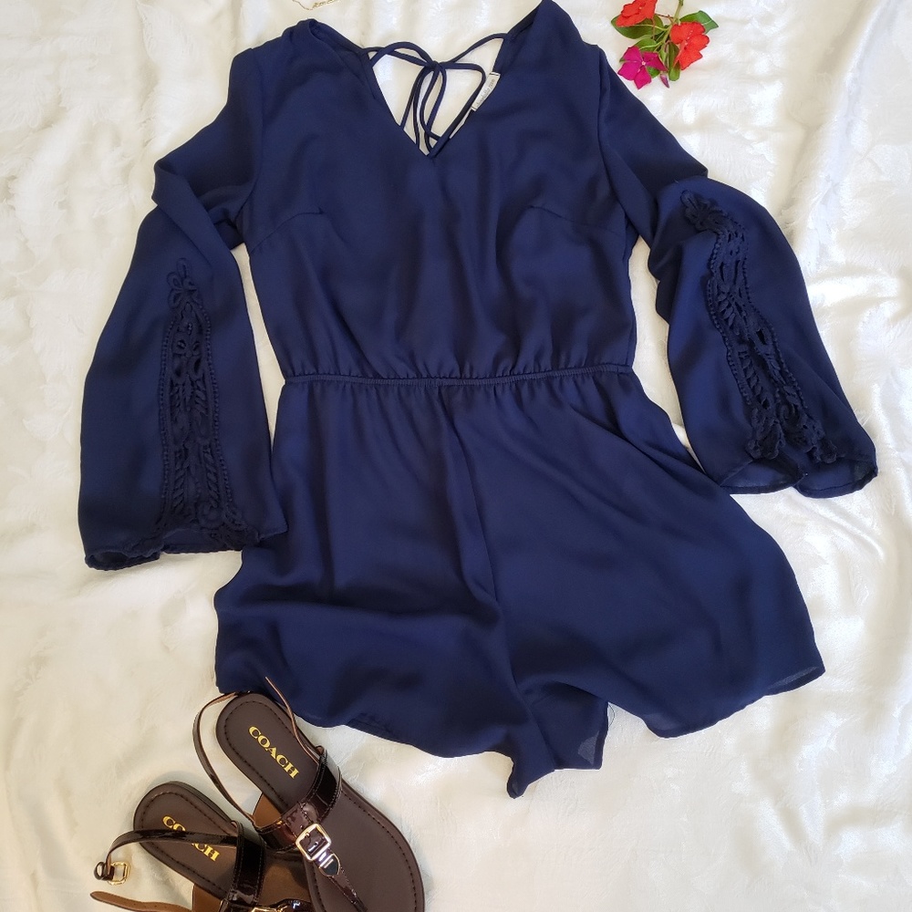 Charlotte Russ Embroidered Lace Up Romper Emerald